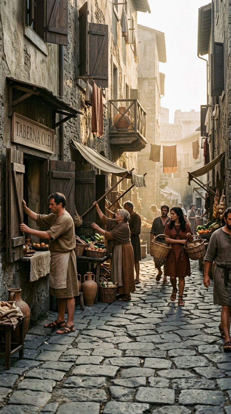 The streets: Counters open. The alley smells of bread and mule.